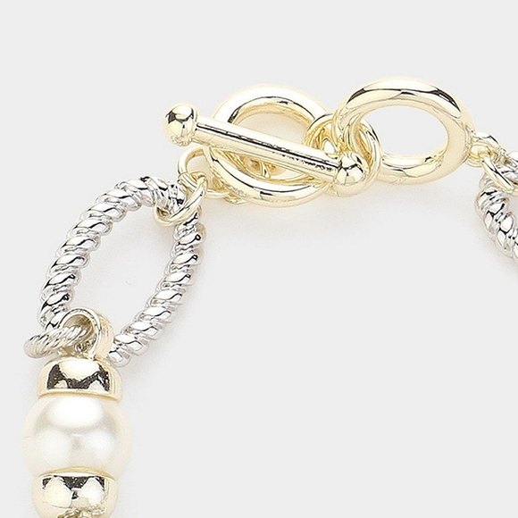 Silver Gold Pearl Two Tone Metal Chain Link Textured Toggle Bracelet - Picture 2 of 5